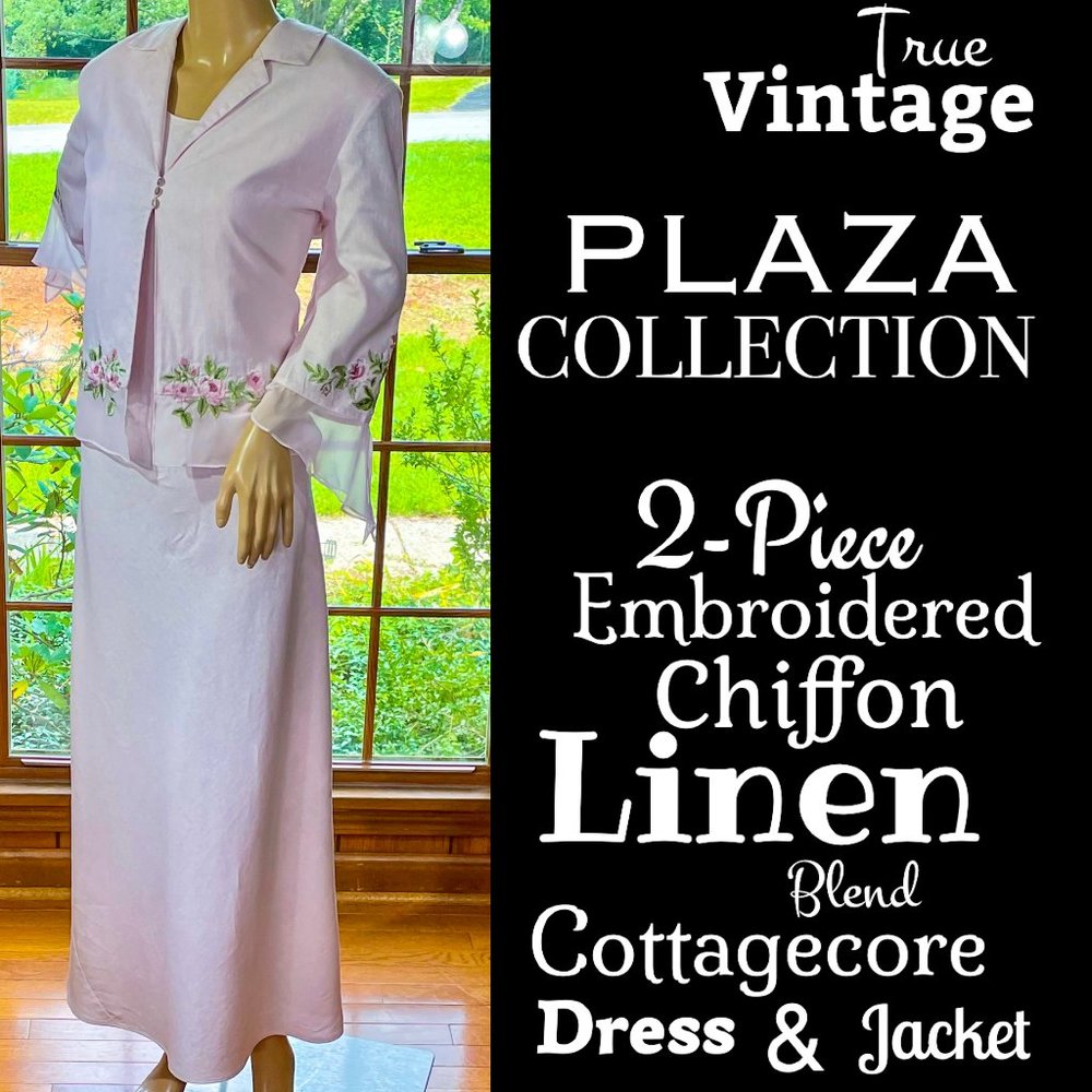 ▪️VTG▪️PLAZA COLLECTION▪️2-Piece Embroidered Chiffon Linen Blend Dress & Jacket